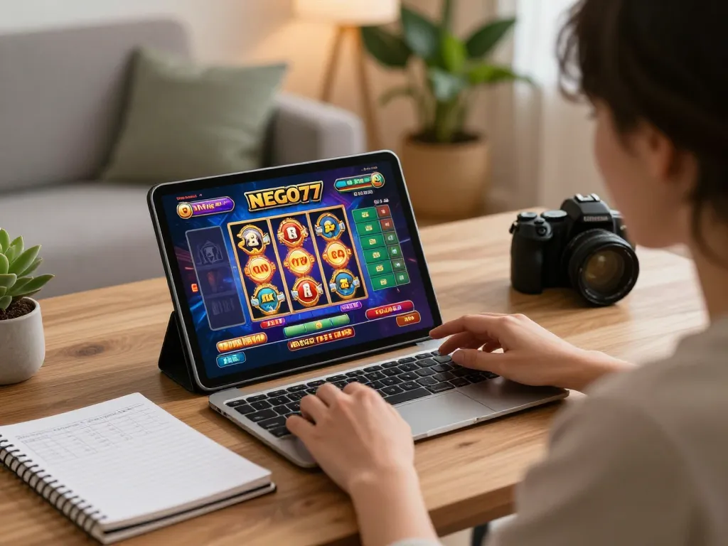 Engaging in NEGO77 online slots with strategic notes in a cozy home setting