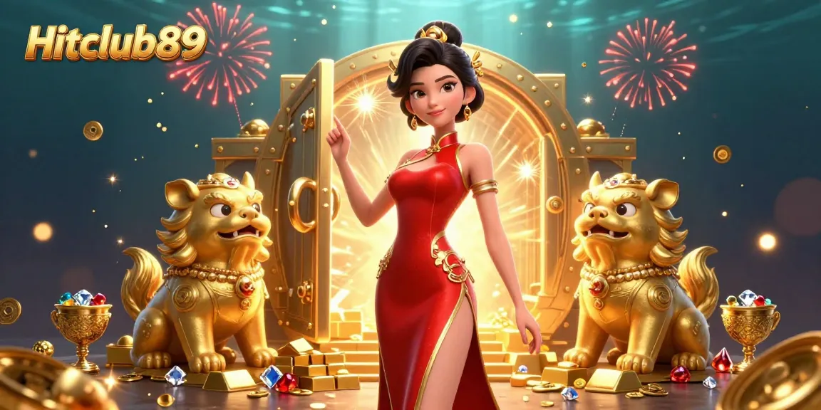 Hitclub89 showcases a glamorous Asian woman amid golden treasures and vibrant fireworks in a thrilling casino scene.