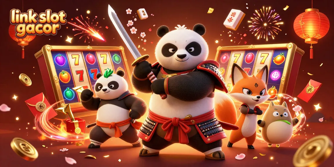 Engage with link slot gacor in an exciting 3D casino scene featuring vibrant slot reels and dynamic characters.