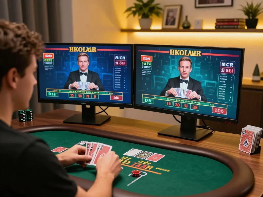 Engaging in blackjack gameplay at ggdewa777 with live dealer action on dual screens.