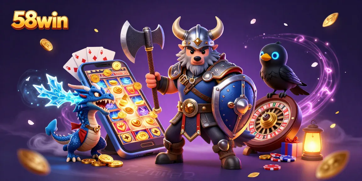 Experience thrilling fun at 58win with a Viking warrior, dragon, and casino elements.
