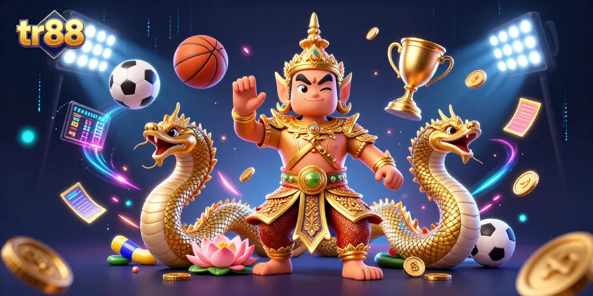 Experience the excitement of tr88 as Thai guardian characters engage in dynamic sports betting action amidst vivid gaming elements.