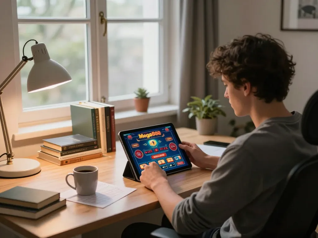 Engaging scene of responsible gaming with free credit mega888 on a tablet at home.