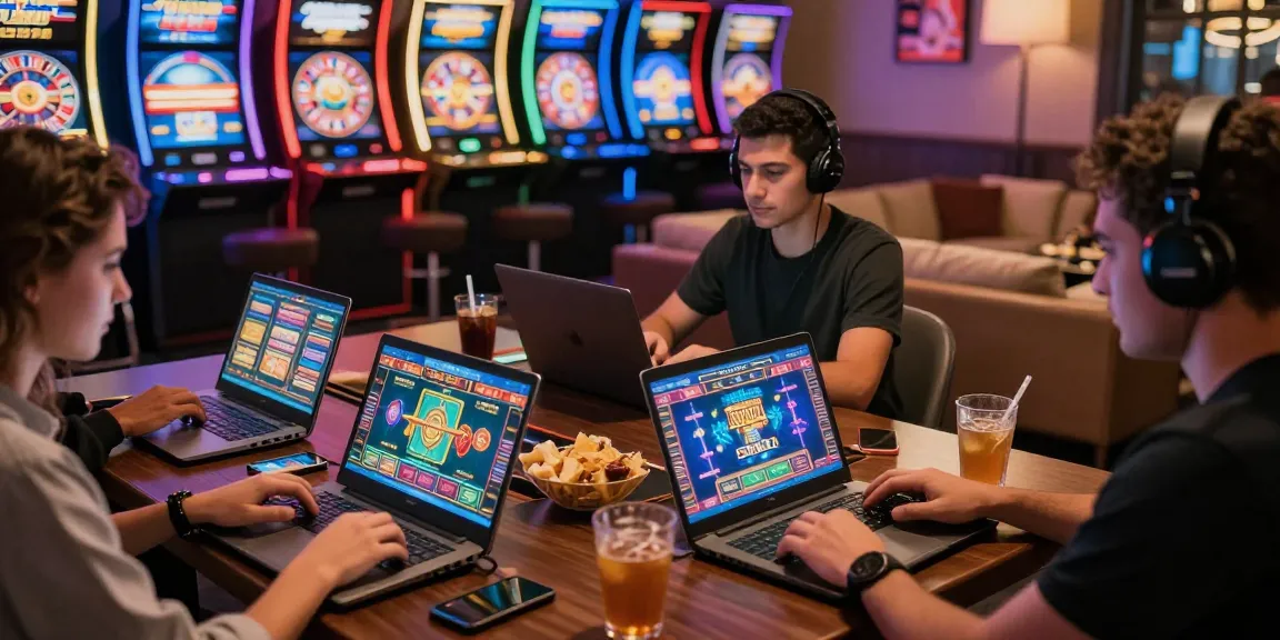 Exploring credit card casinos at https://being-there.org.uk with players immersed in online gaming, showcasing vibrant interactions and digital slots.