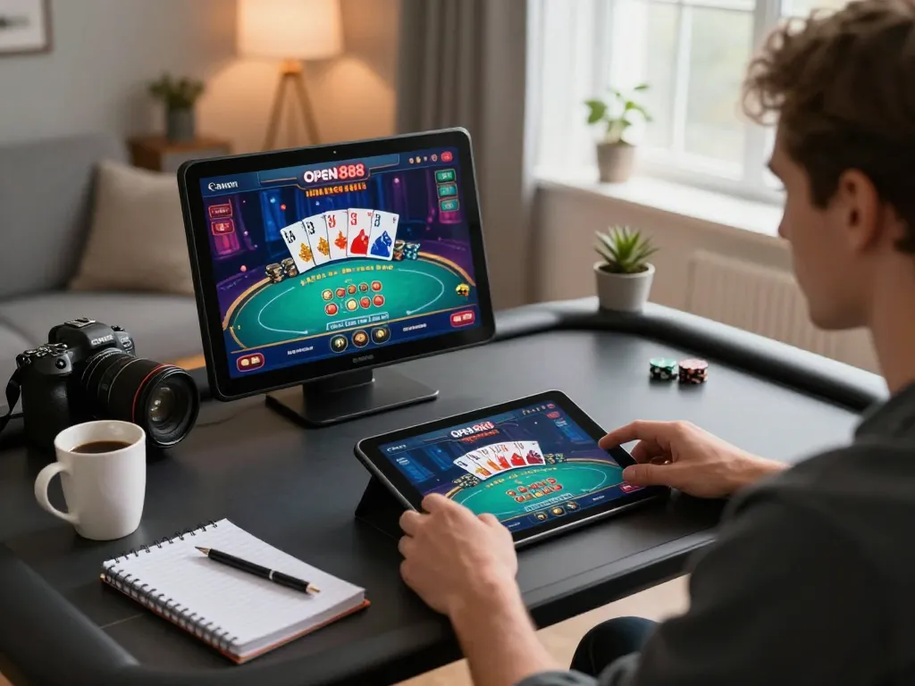 Player engaging in online gaming on Open888 platform, showcasing interactive poker gameplay.