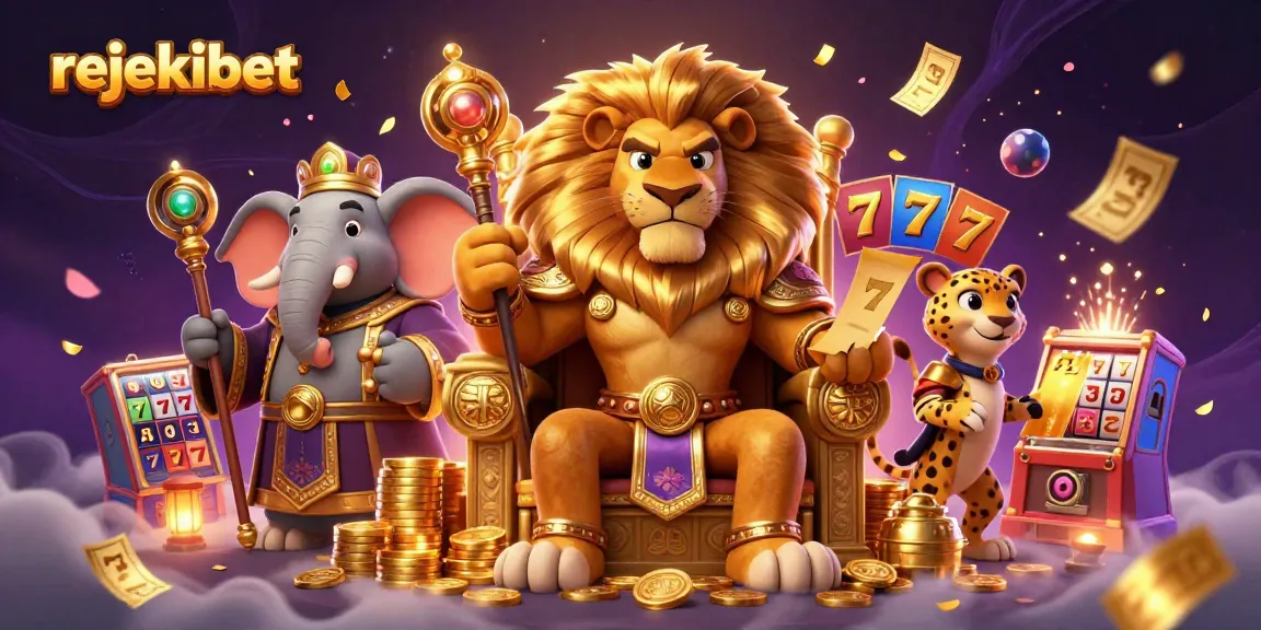 Experience the excitement of rejekibet with a 3D illustration of a lion king on a throne surrounded by vibrant gaming elements.
