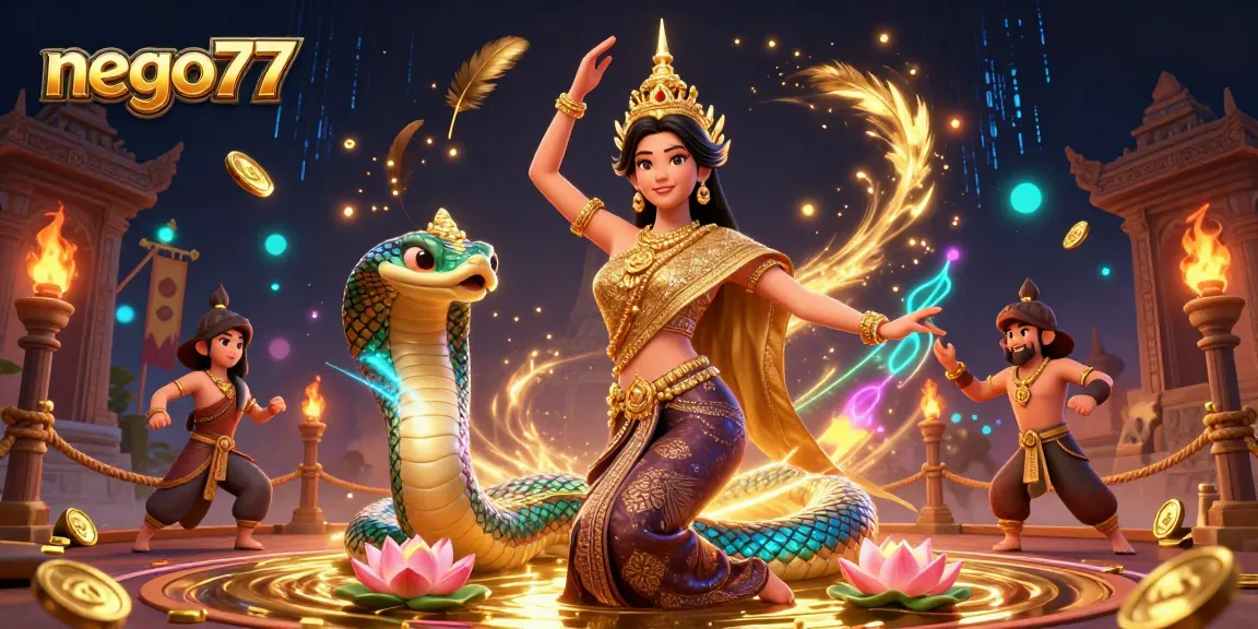 Nego77 showcases a vibrant Thai-themed casino scene with a graceful dancer and mystical elements.