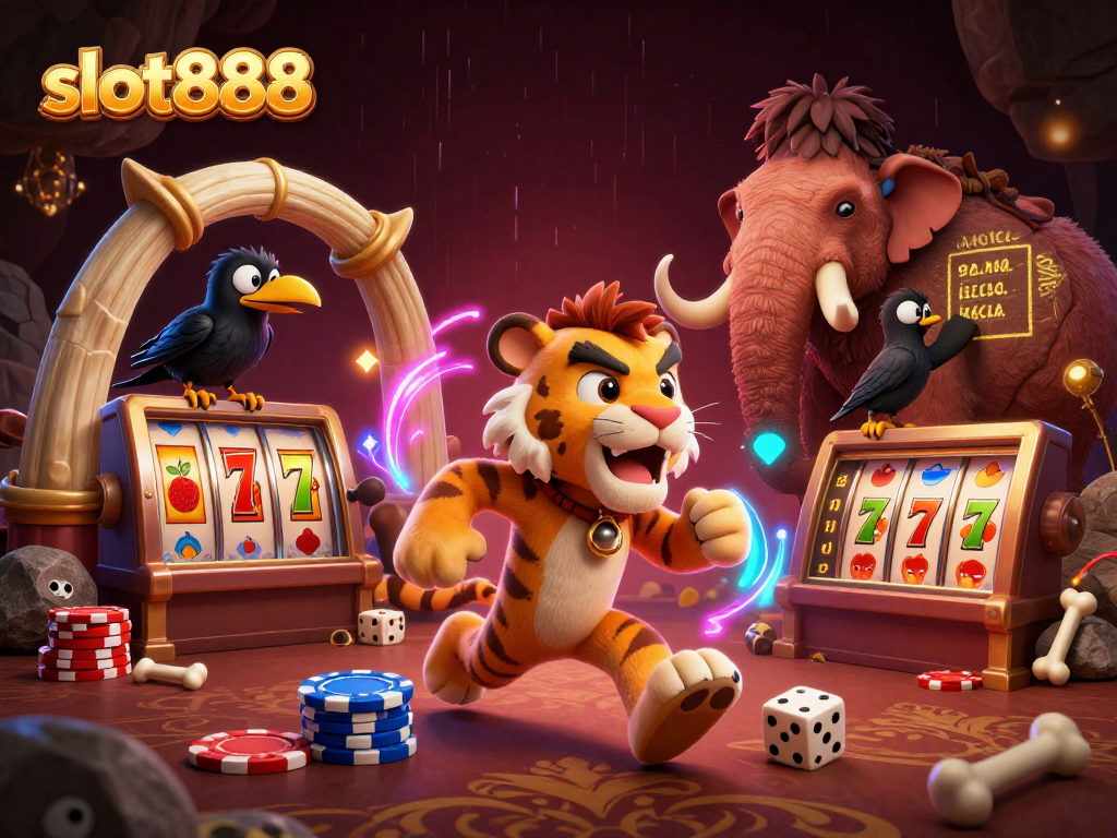 Permainan slot888 yang menarik dengan karakter gua dan simbol jackpot.