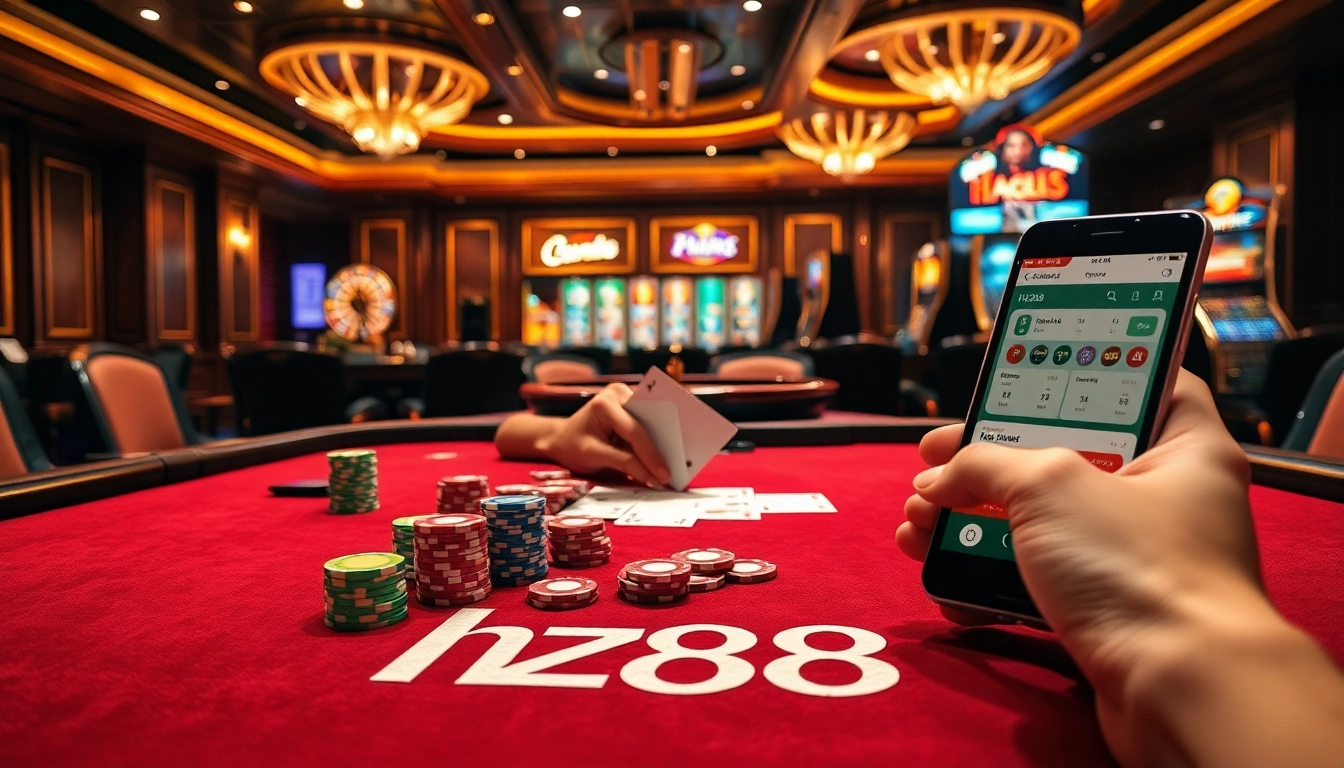 hz88 nhà cái showcasing expert poker play with vibrant chips, cards, and live casino action