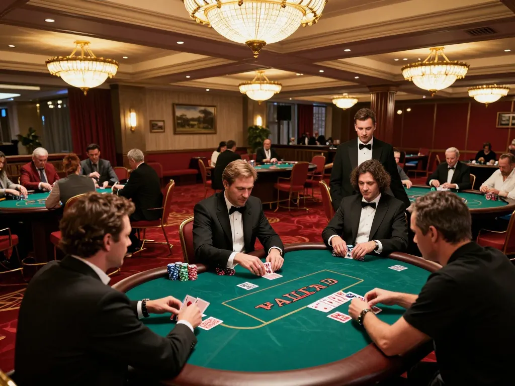 Players engaging in a strategic poker game at vipwin casino with professional dealers and elegant decor