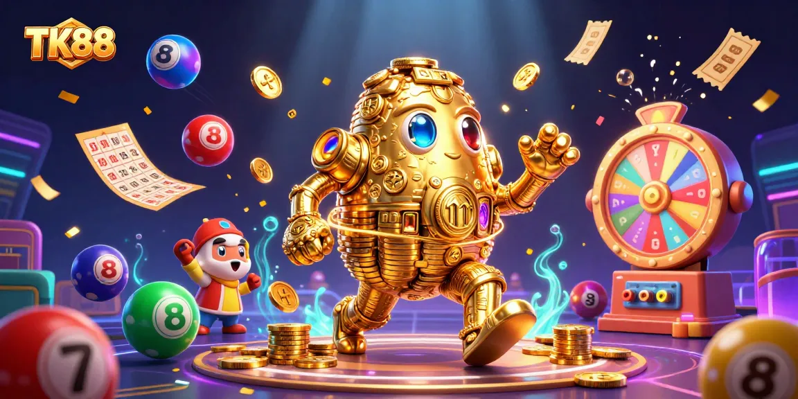 TK88 showcases a vibrant 3D casino scene filled with golden golems and lottery elements bursting with energy.