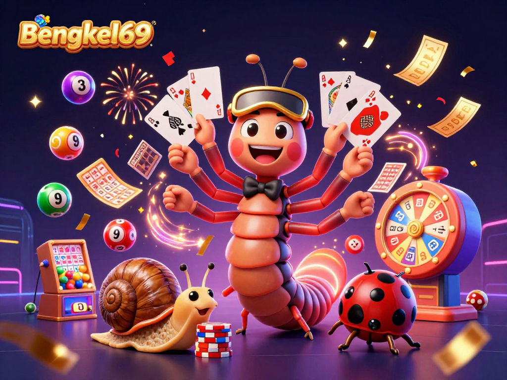 Experience energetic casino excitement with Bengkel69's illustrated scene of festive gaming activities.