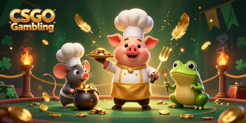 Engaging scene of CSGO Gambling with a chef pig, mouse, and frog amidst coins and fire effects.