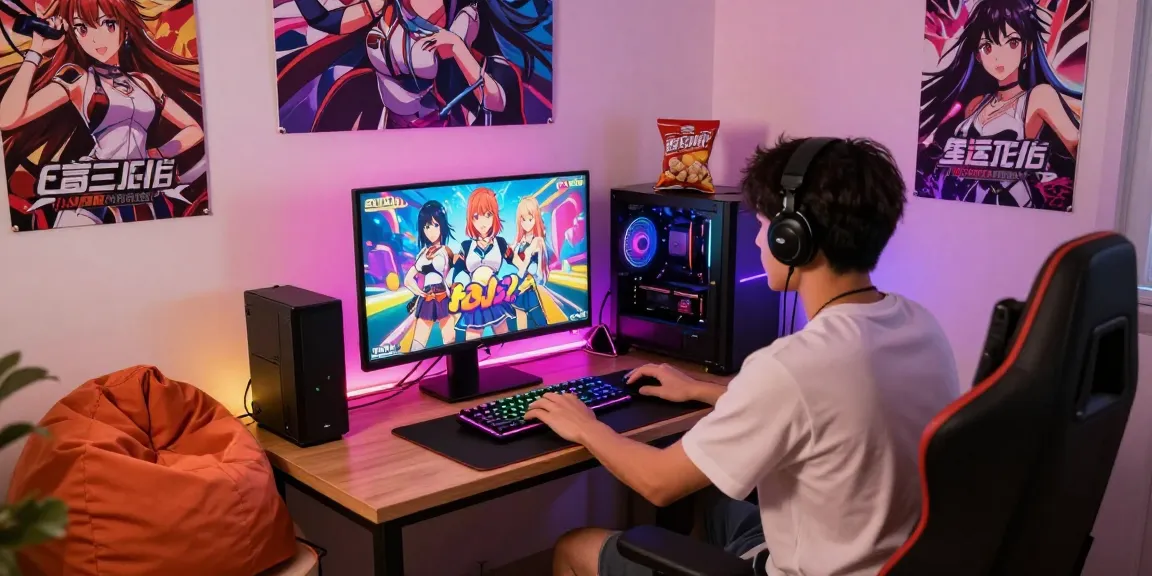 Gamer enjoying an ecchi game in a vibrant gaming room setup with colorful graphics and cozy atmosphere.