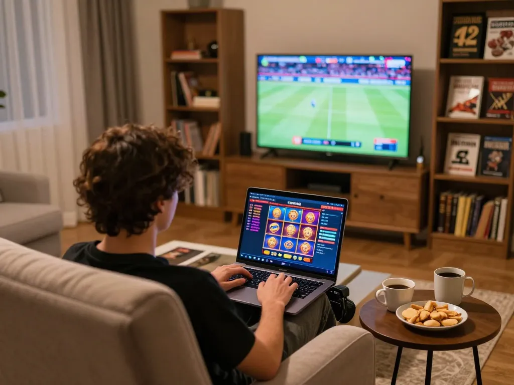 KONG88 online gaming setup at home with laptop showing vibrant casino games and snacks.