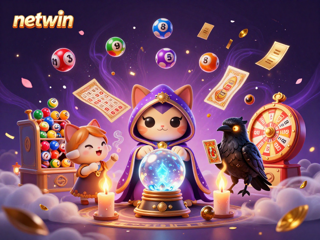 Experience exciting gaming with netwin in this vibrant 3D illustration featuring dynamic lottery elements.