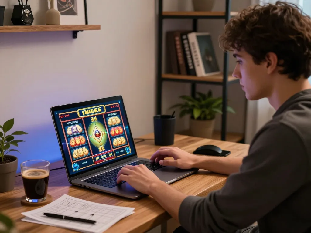 Engaging in strategic gameplay on a situs slot platform with stylish laptop setup