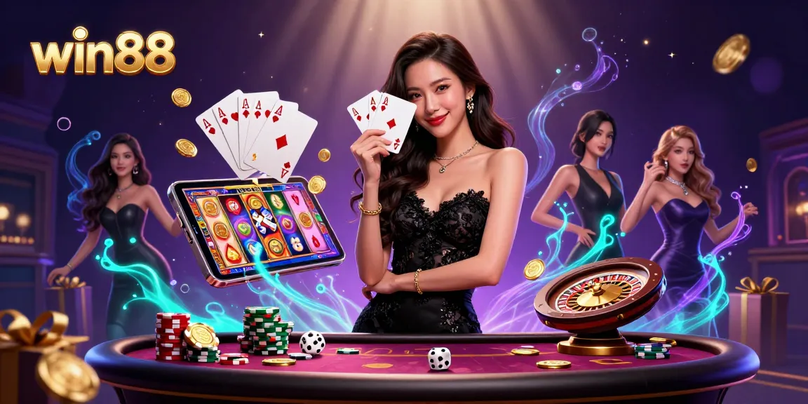 Experience thrilling wins at win88 with a stylish woman holding playing cards in a vibrant casino atmosphere.