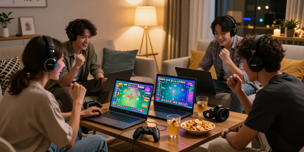 Group of friends enjoying situs toto gaming night at home, surrounded by snacks and warm lighting.
