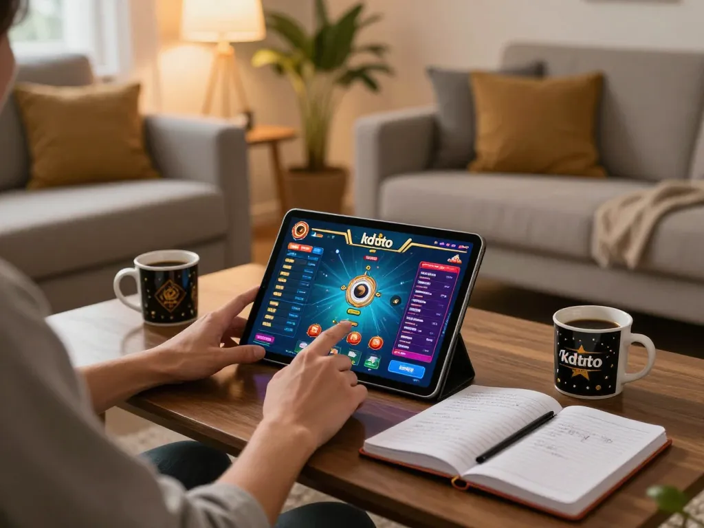 Engaged user enjoying kdtoto online gaming on tablet in a cozy home setup.