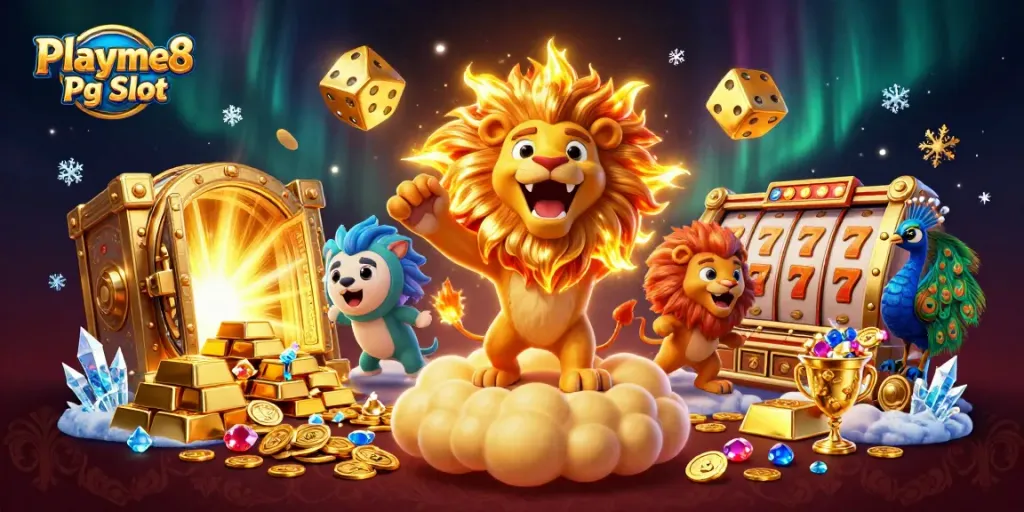 สัญลักษณ์ของ Playme8 Pg Slot และสล็อตภาพวาดที่สวยงามพร้อมด้วยสัญลักษณ์แห่งโชคลาภ