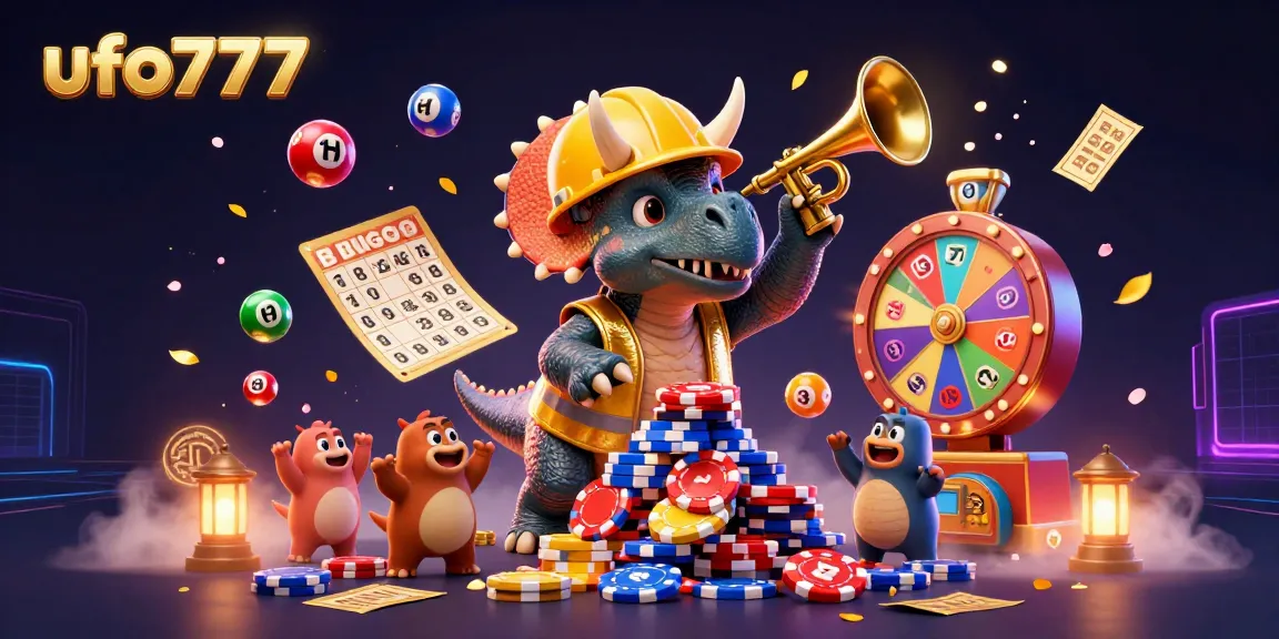 Experience the excitement of ufo777 with themed characters and vibrant casino elements in a lively 3D illustration.