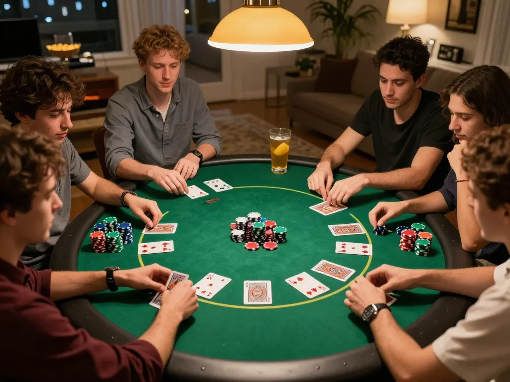 Keluaran togel tercepat action during an engaging home poker night showing intense gameplay with friends.