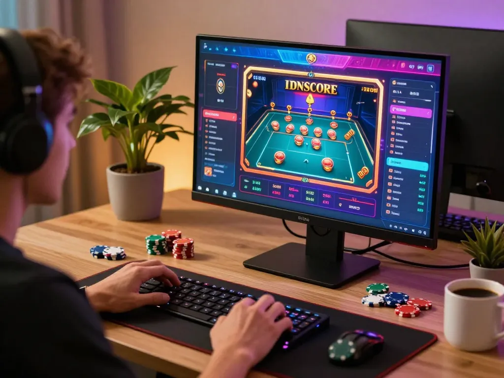 IDNSCORE online gaming user enjoying strategic gameplay in a modern workspace.