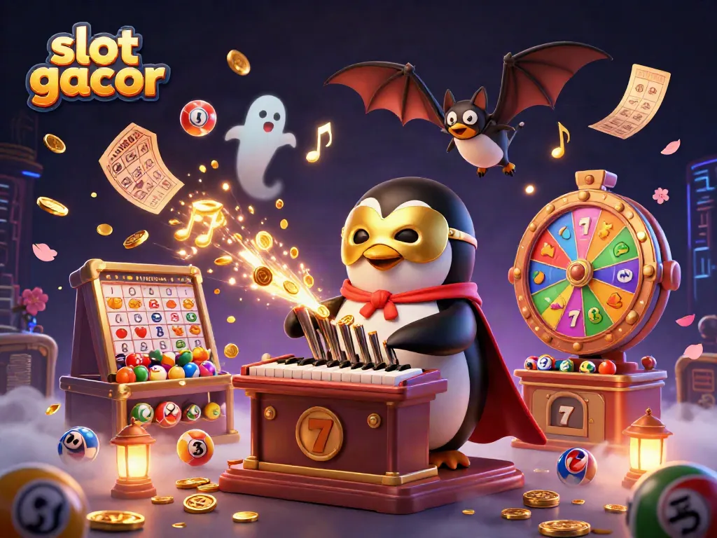Menggambarkan slot gacor, penguin opera bermain organ yang memuntahkan koin emas, dan elemen permainan kasino lainnya.
