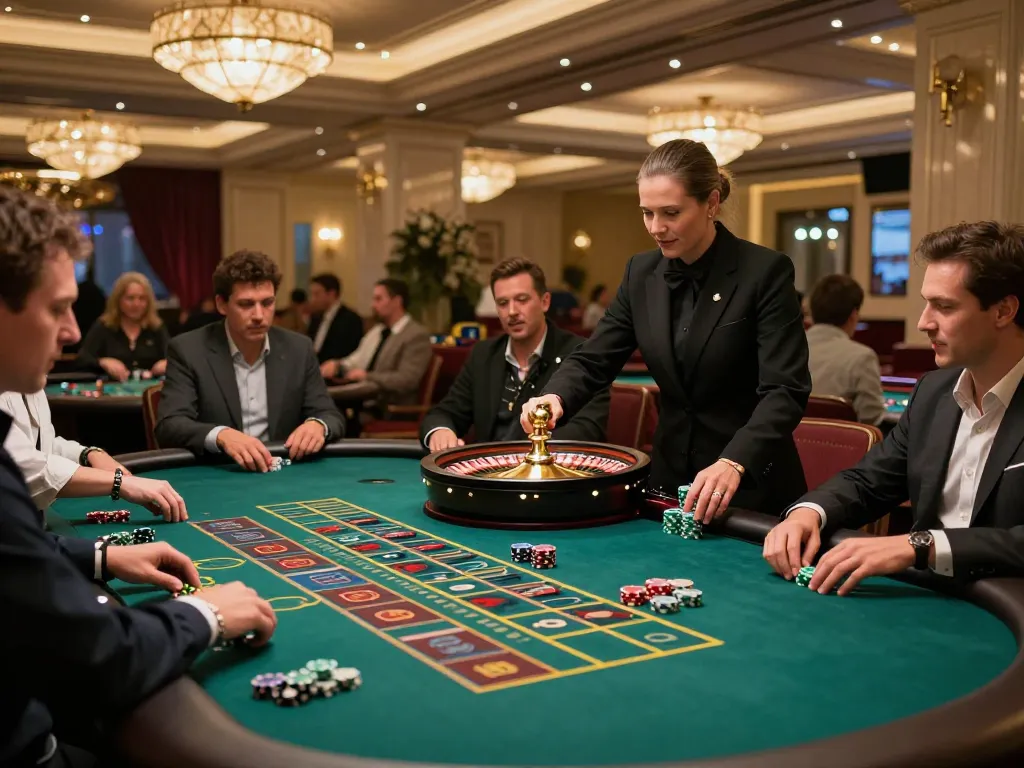 Players engaging in a thrilling roulette game at a sun win casino, with vibrant chips and a croupier in action