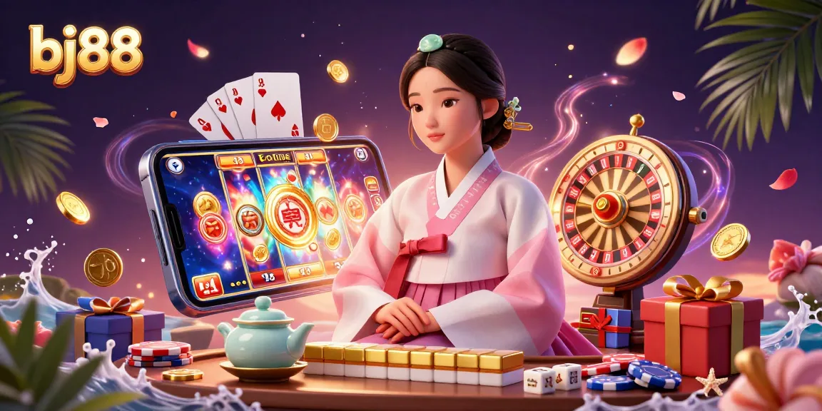 Immerse in the world of bj88 as the elegant Asian woman plays vibrant slot games amid golden coins and decorations.