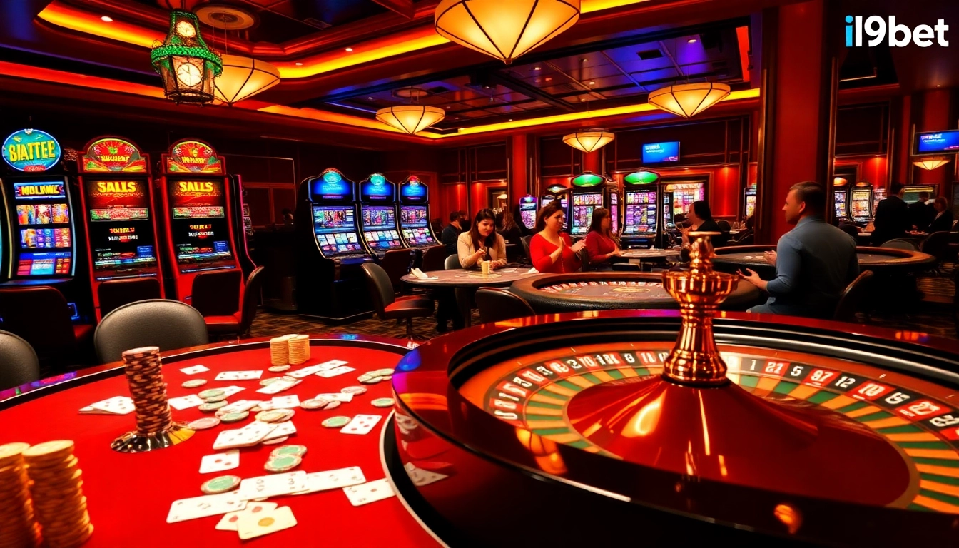 Experience the excitement of gambling at i9bet with luxurious casino visuals showcasing slot machines and gaming tables.