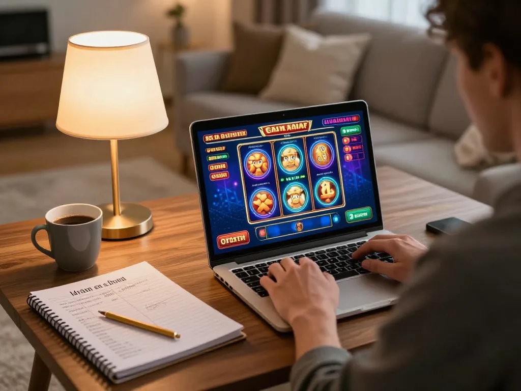 Player exploring exciting slots at OPEN88 from a cozy home setup, highlighting online gambling comfort