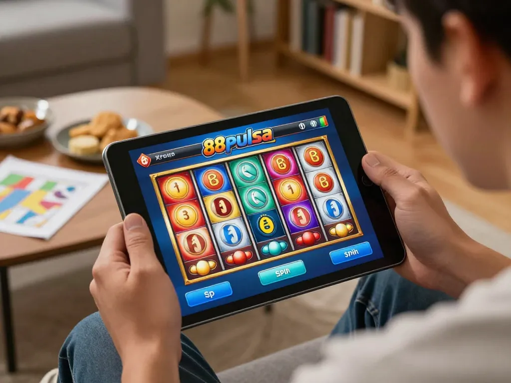 Player engaging with the 88pulsa slot game interface on a tablet in a cozy home setting.
