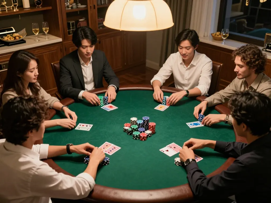 Players enjoying an exciting poker night at home, showcasing maxpoker88 gaming atmosphere and strategic gameplay.