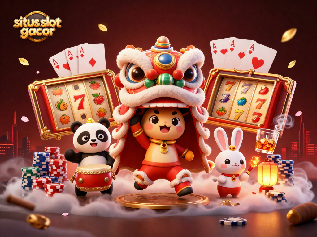 Win at situs slot gacor with a lively illustration of a lion dance, panda, and iconic gambling elements.