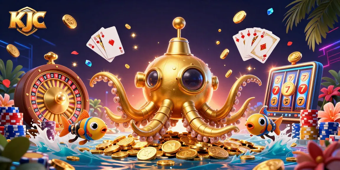 KJC showcases a thrilling casino scene featuring a golden kraken submarine amidst flying coins and colorful poker chips.