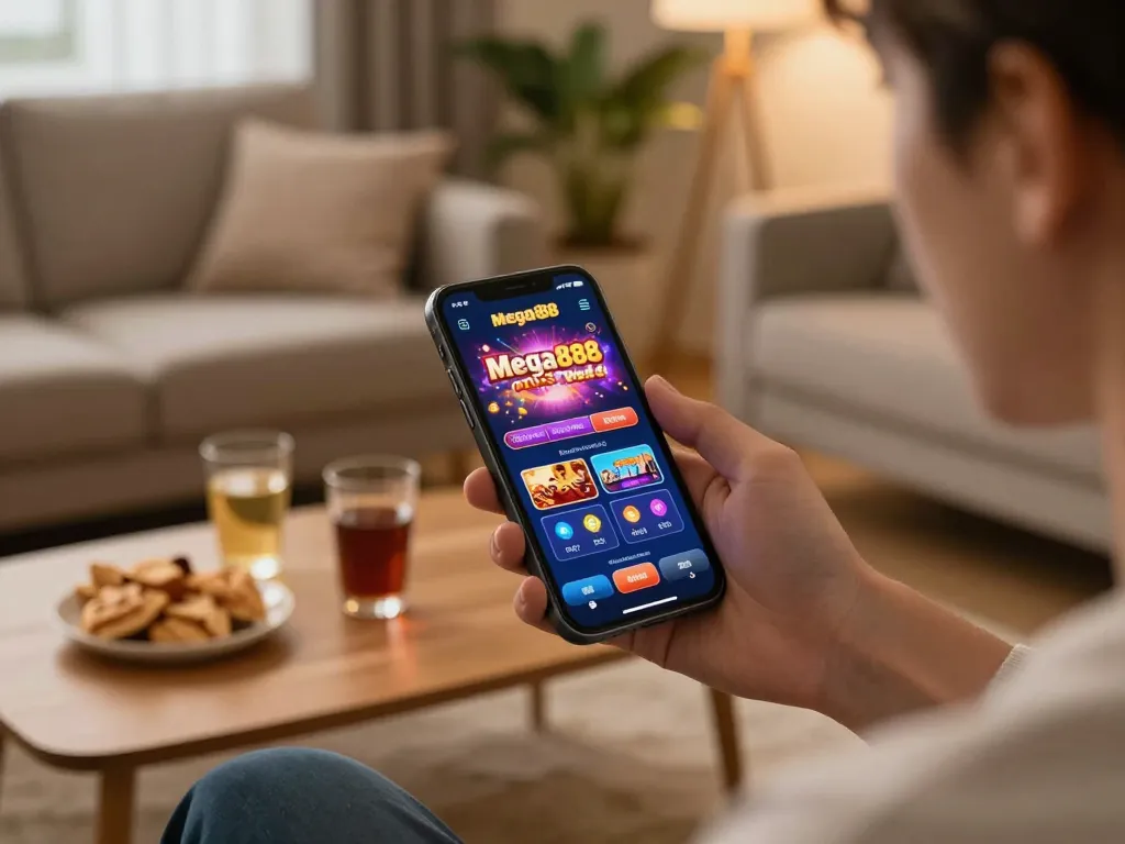 Using the mega888 original download ios app on a smartphone in a cozy home setting with warm lighting.