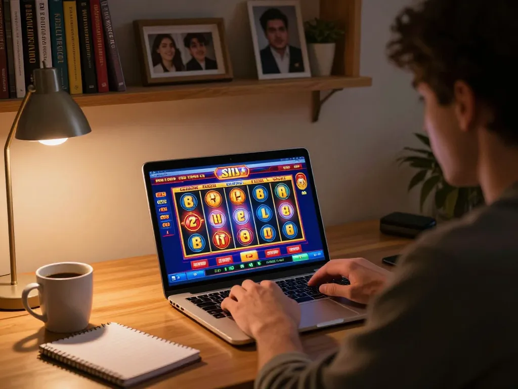 Engaged player using laptop for situs slot gaming with vibrant reels displayed, emphasizing home strategy.