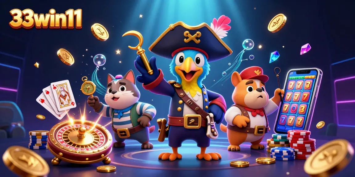 Engage in thrilling gaming adventures at 33win11 with vibrant casino elements and festive characters.