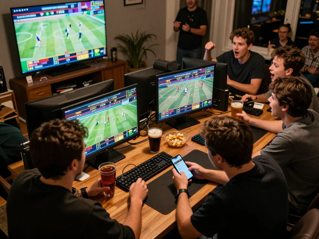 Soi Kèo sports betting strategy with friends analyzing odds in a lively home setup
