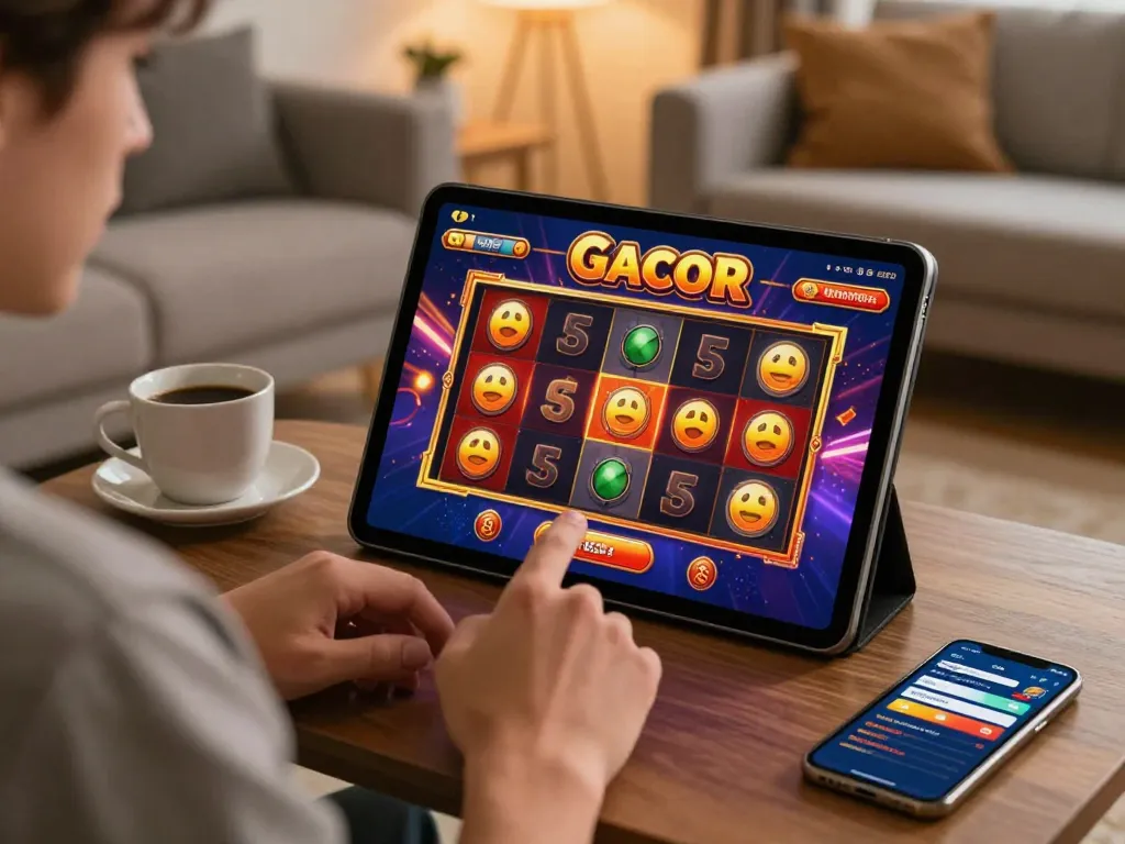 Pemain memutar slot gacor hari ini di tablet dalam suasana rumah yang nyaman, menampilkan perjudian online yang menarik