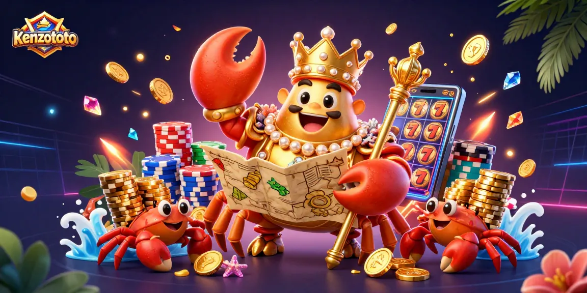 Kenzototo offers vibrant online lottery gameplay with an engaging illustration of a golden emperor crab in a casino setting.