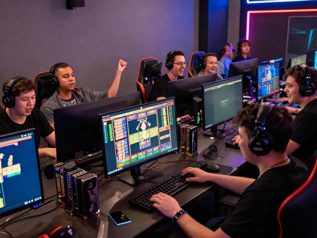 Exciting gaming scene featuring players engaged in slot games and vibrant setups representing akunjp.
