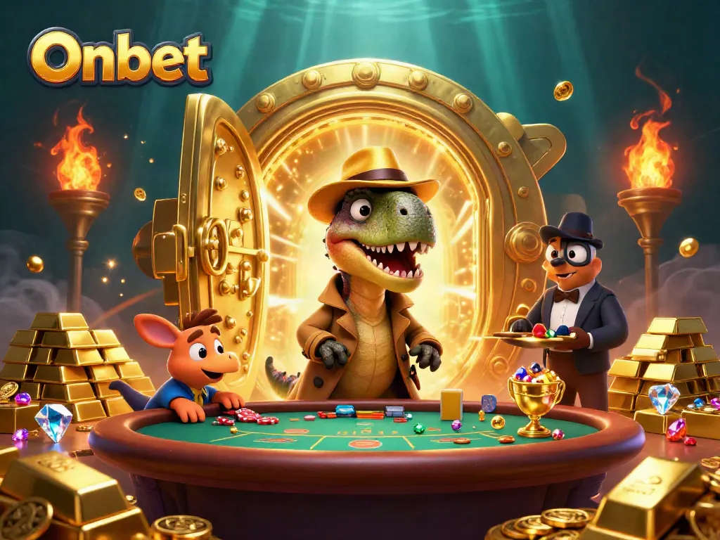 Onbet depicts a velociraptor card counter at a blackjack table amidst sparkling gold treasure and gaming elements, creating a vibrant casino atmosphere.