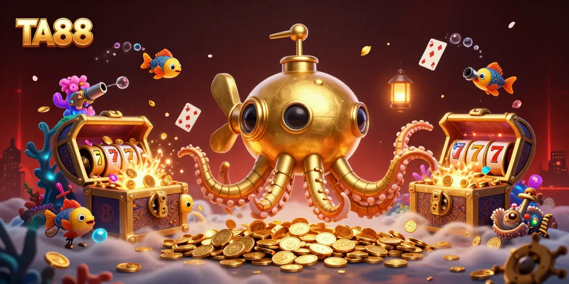 TA88 engaging in thrilling slot adventures amidst a golden underwater treasure scene.
