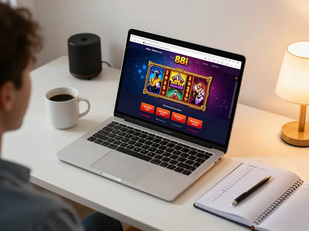 Engaging online gameplay on the 88i platform is showcased on a modern laptop at home.