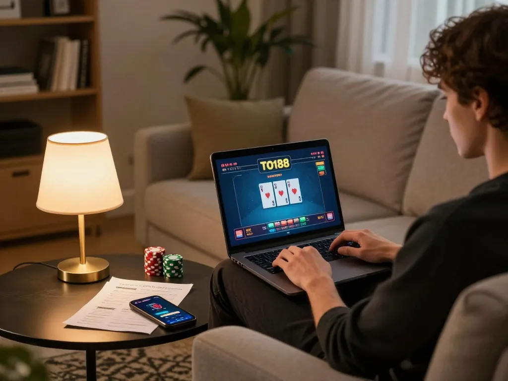 Playing TO188 online casino game on a laptop in a cozy home setting