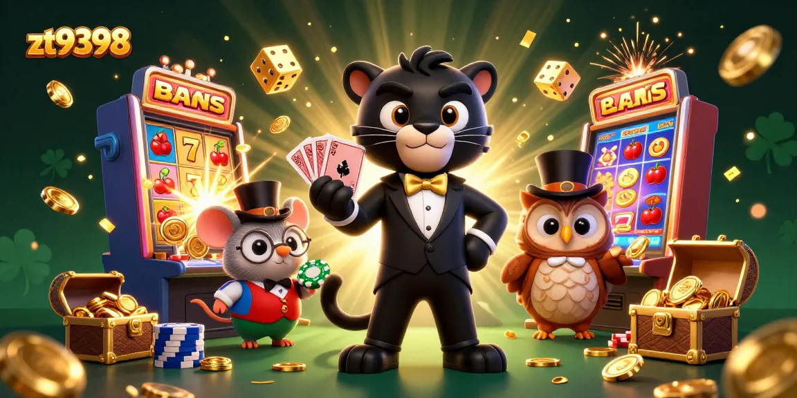 Experience thrilling games at zt9398 with a stylish panther dealer, poker elements, and vibrant casino ambiance.