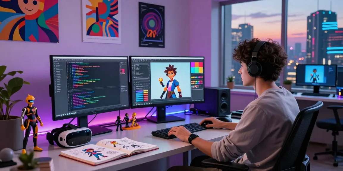 Dynamic workspace depicting NSFW AI development with multiple screens, creative props, and an energetic atmosphere.